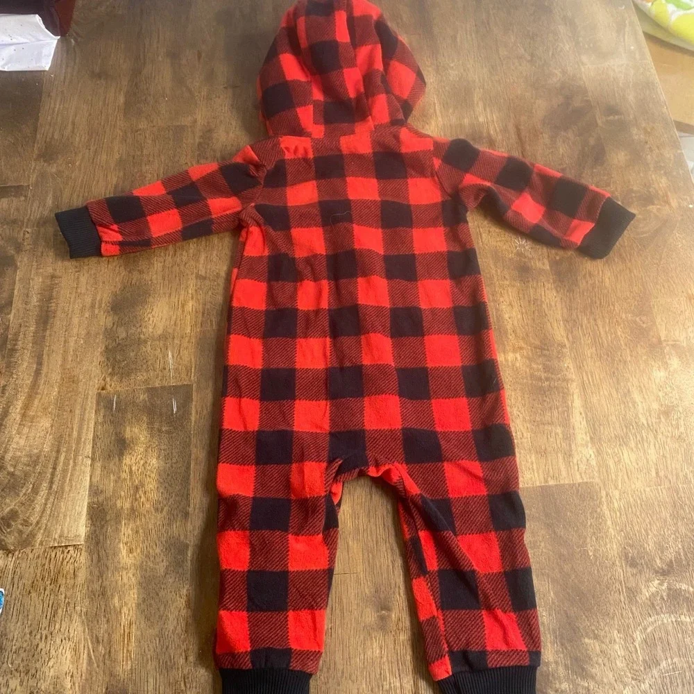 Carter's Fleece Hooded Jumpsuit Baby Red Black Buffalo Plaid Excellent‎ SIZE 9M